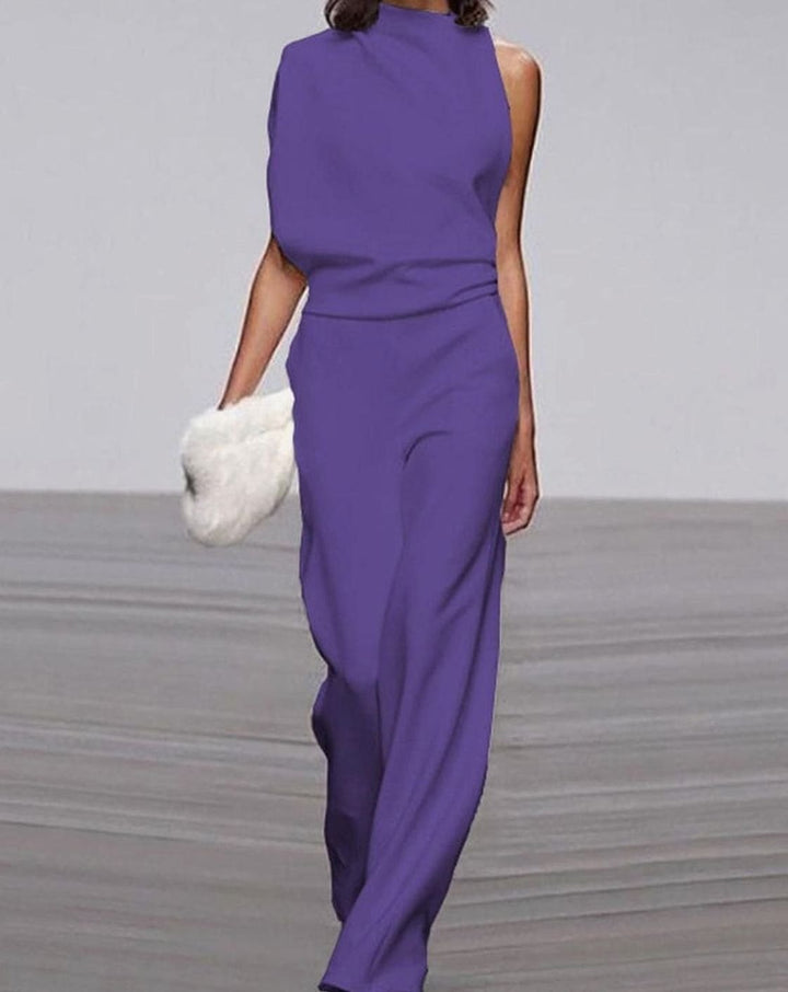 Women's High Neck Asymmetric Shoulder Jumpsuit Wide-Leg Sleeveless - Purple