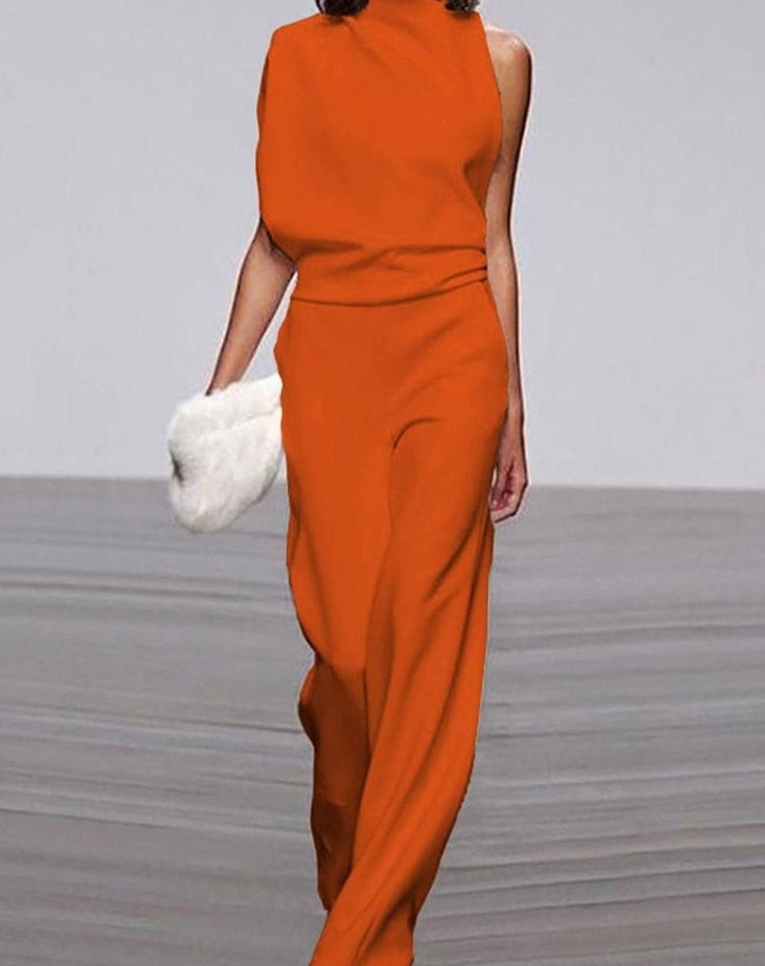 Women's High Neck Asymmetric Shoulder Jumpsuit Wide-Leg Sleeveless - Orange