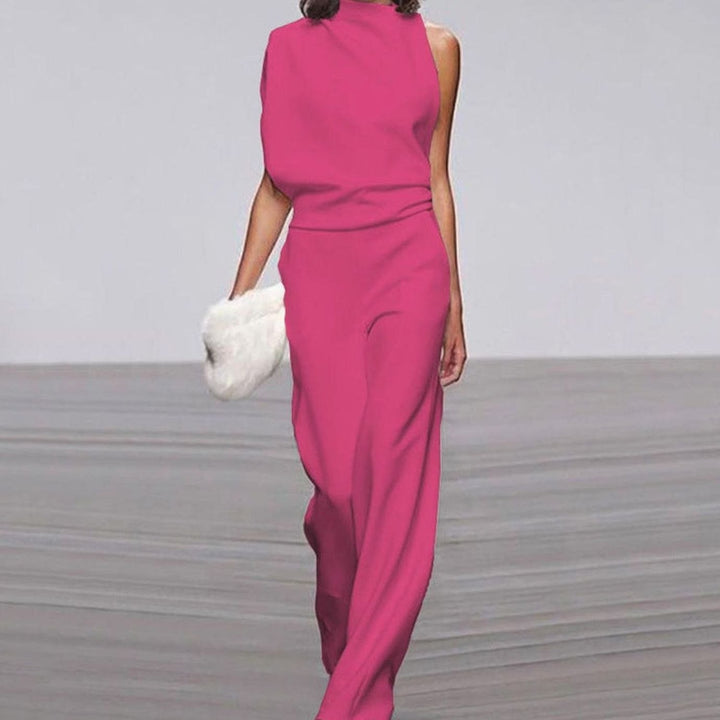Women's High Neck Asymmetric Shoulder Jumpsuit Wide-Leg Sleeveless - Fuchsia