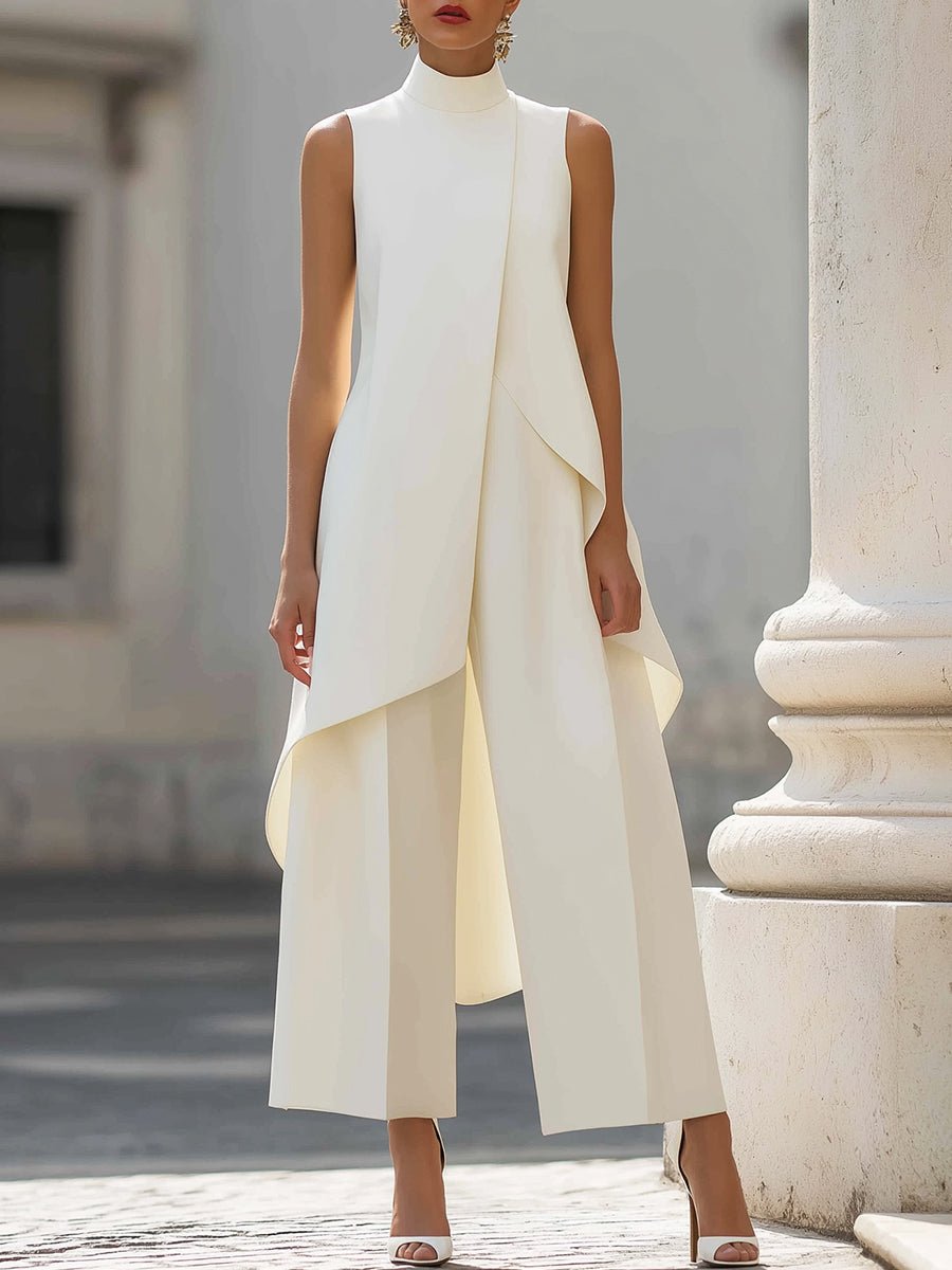 Women's High-Neck Sleeveless Asymmetric Wide-Leg Trouser Set - White