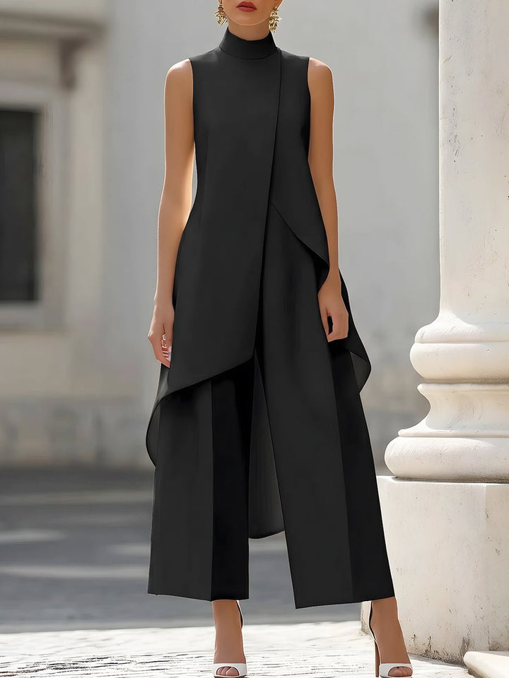 Women's High-Neck Sleeveless Asymmetric Wide-Leg Trouser Set - Black
