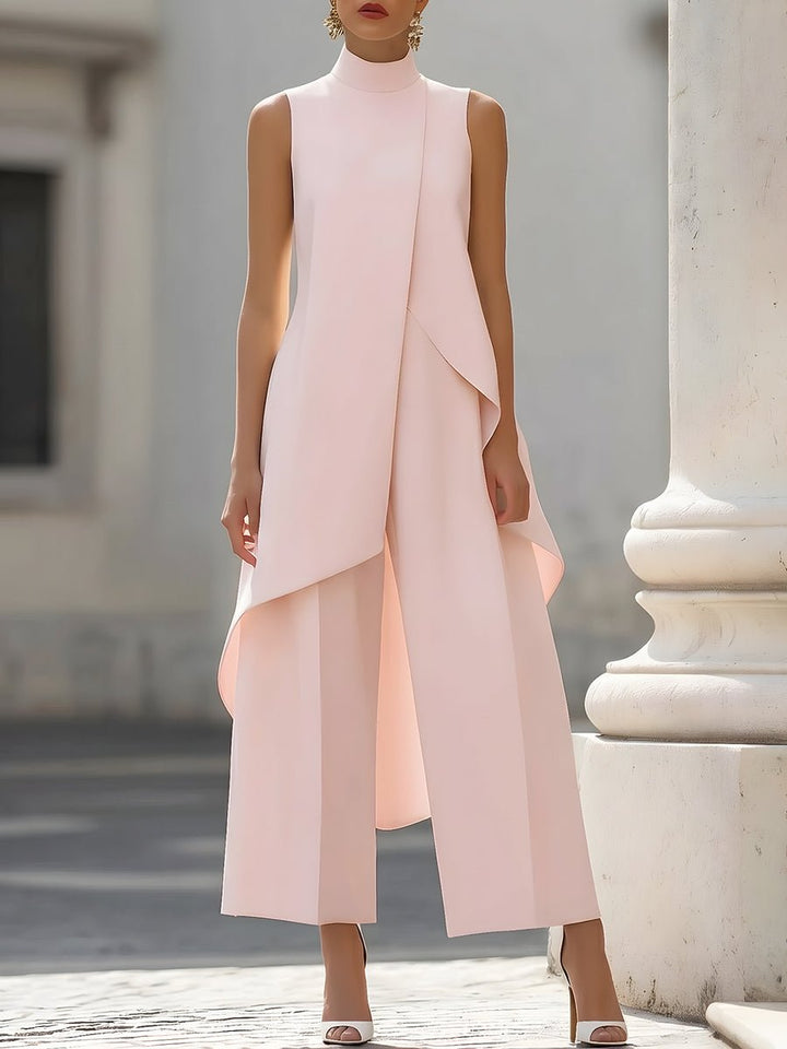 Women's High-Neck Sleeveless Asymmetric Wide-Leg Trouser Set - Pink
