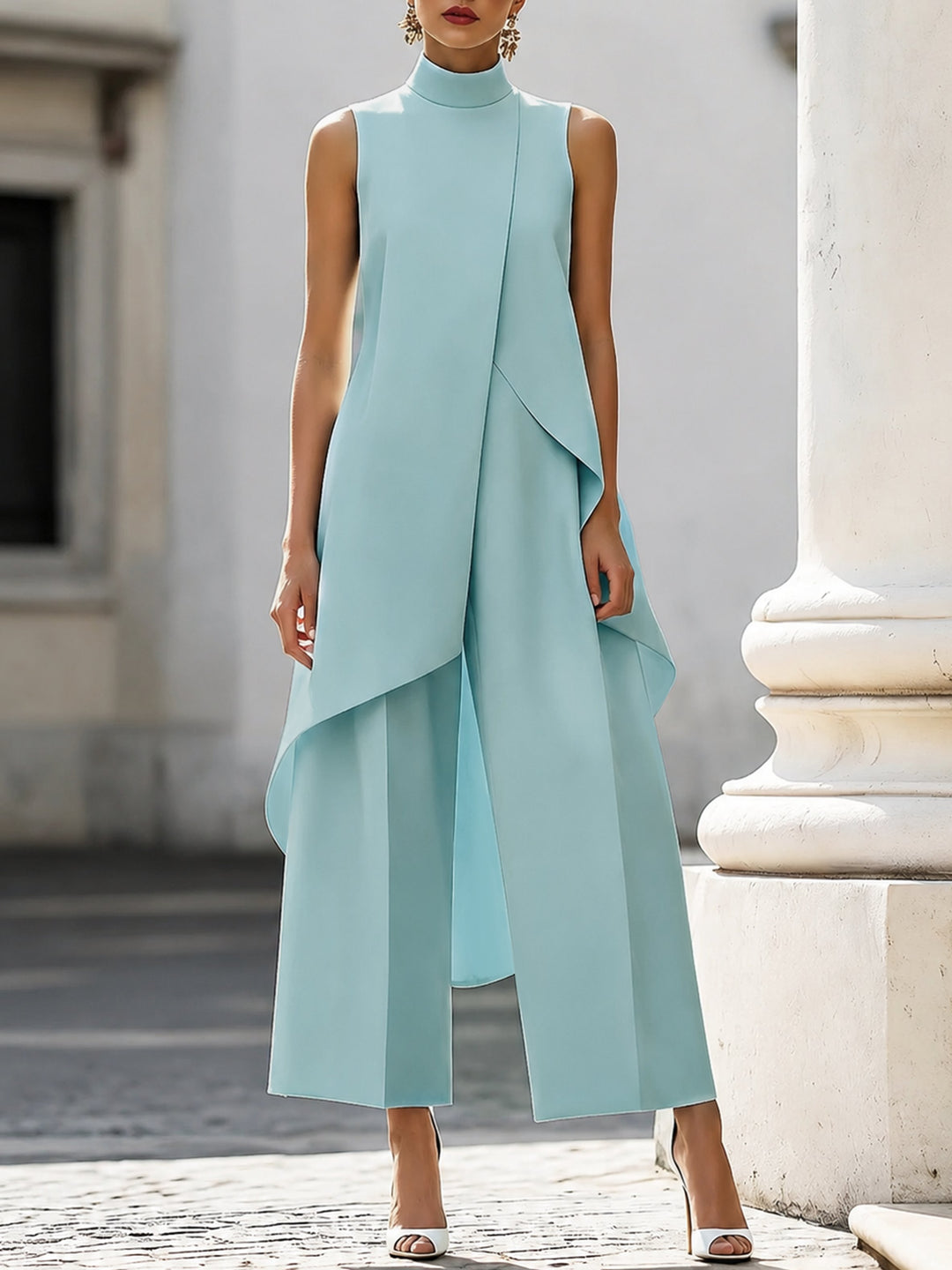 Women's High-Neck Sleeveless Asymmetric Wide-Leg Trouser Set - Sky Blue