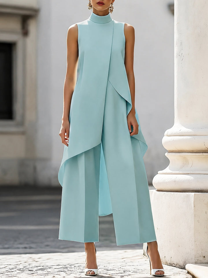 Women's High-Neck Sleeveless Asymmetric Wide-Leg Trouser Set - Sky Blue