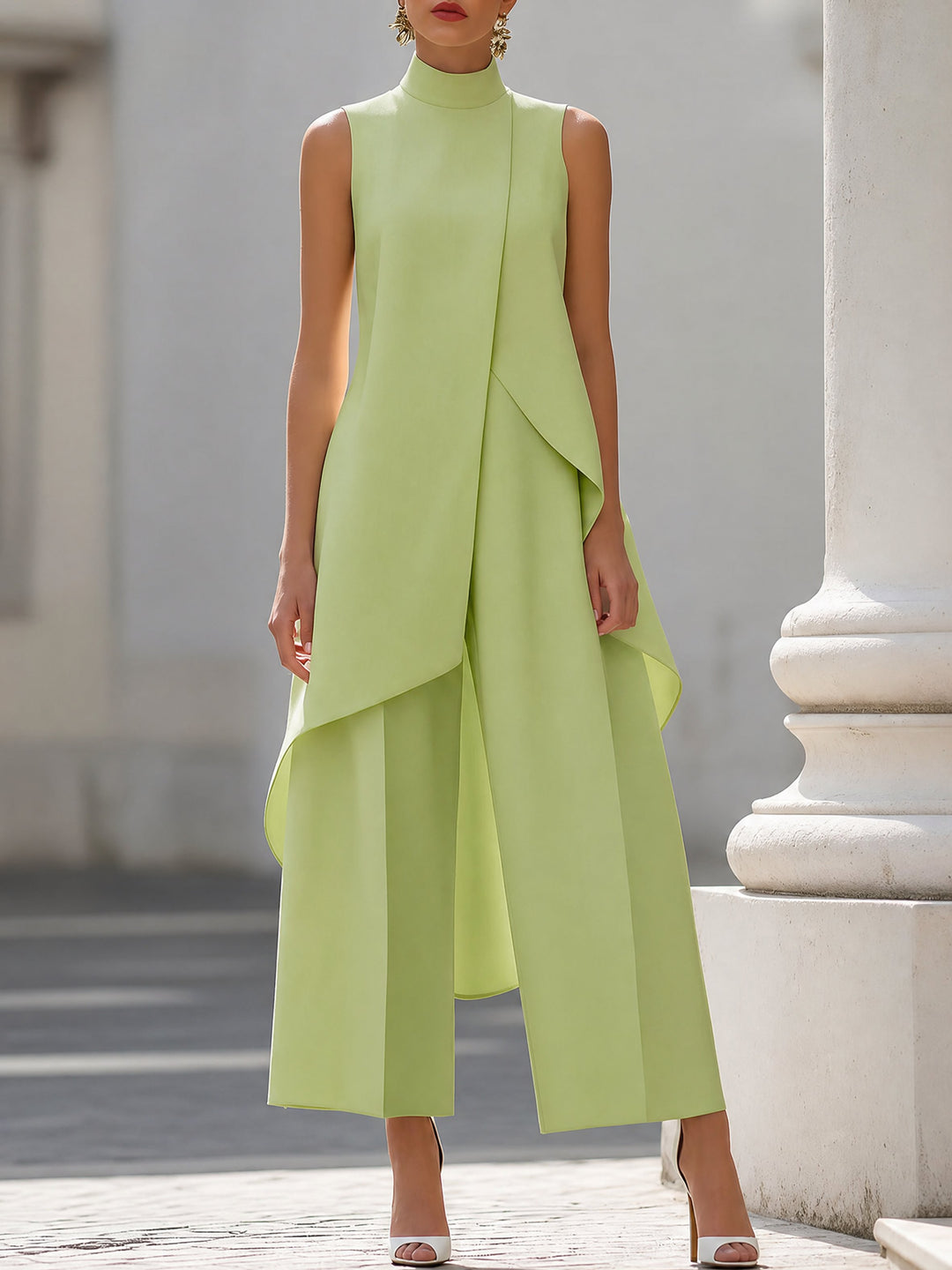 Women's High-Neck Sleeveless Asymmetric Wide-Leg Trouser Set - Daiquiri Green