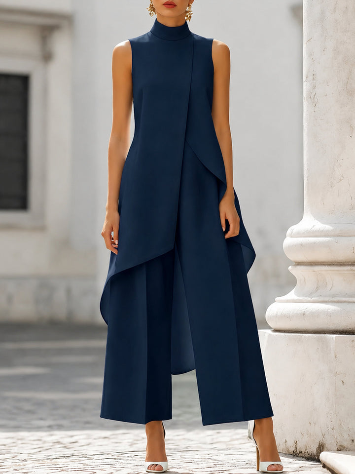 Women's High-Neck Sleeveless Asymmetric Wide-Leg Trouser Set - Navy Blue