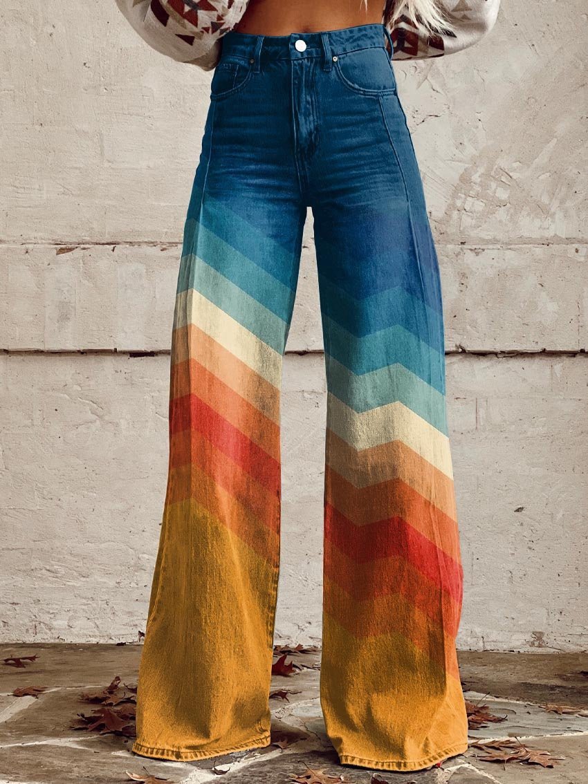 Women's High-Rise Wide-Leg Chevron Gradient Printed Trousers - Sunset Chevron