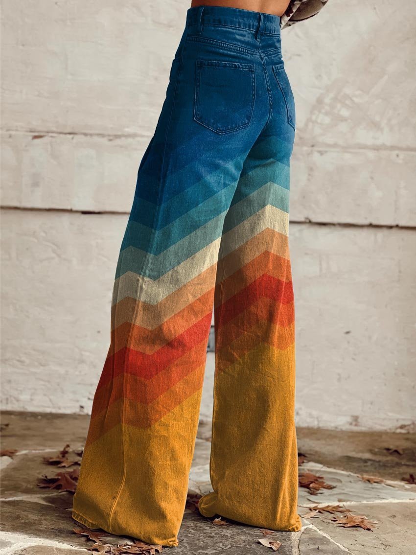 Women's High-Rise Wide-Leg Chevron Gradient Printed Trousers