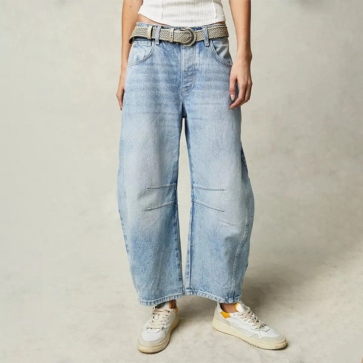 Women's High-Waist Barrel-Leg Relaxed-Fit Denim Jeans - Light Blue