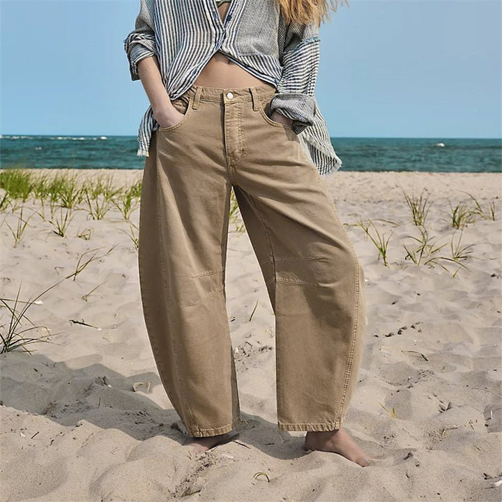 Women's High-Waist Barrel-Leg Relaxed-Fit Denim Jeans - Beige