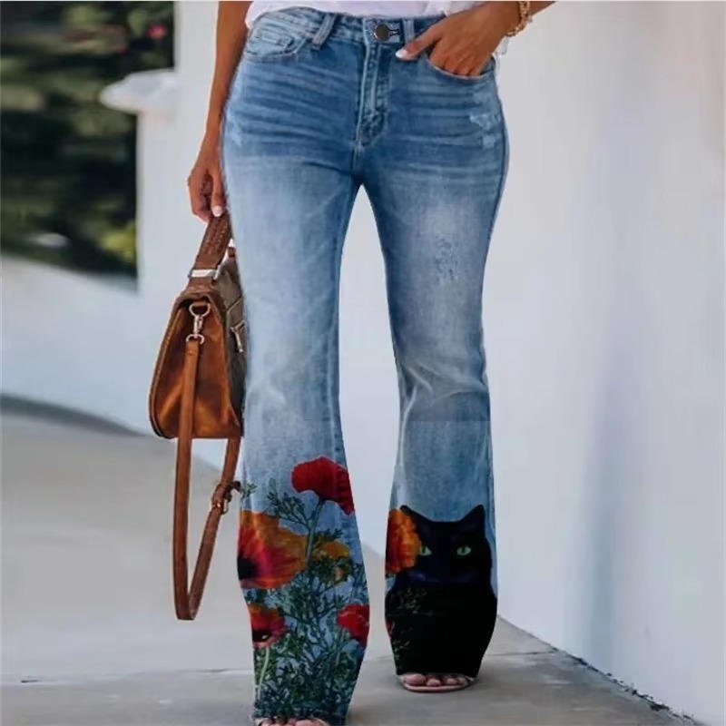 Women's High-Waist Botanical Floral Flare Jeans - Blue 9