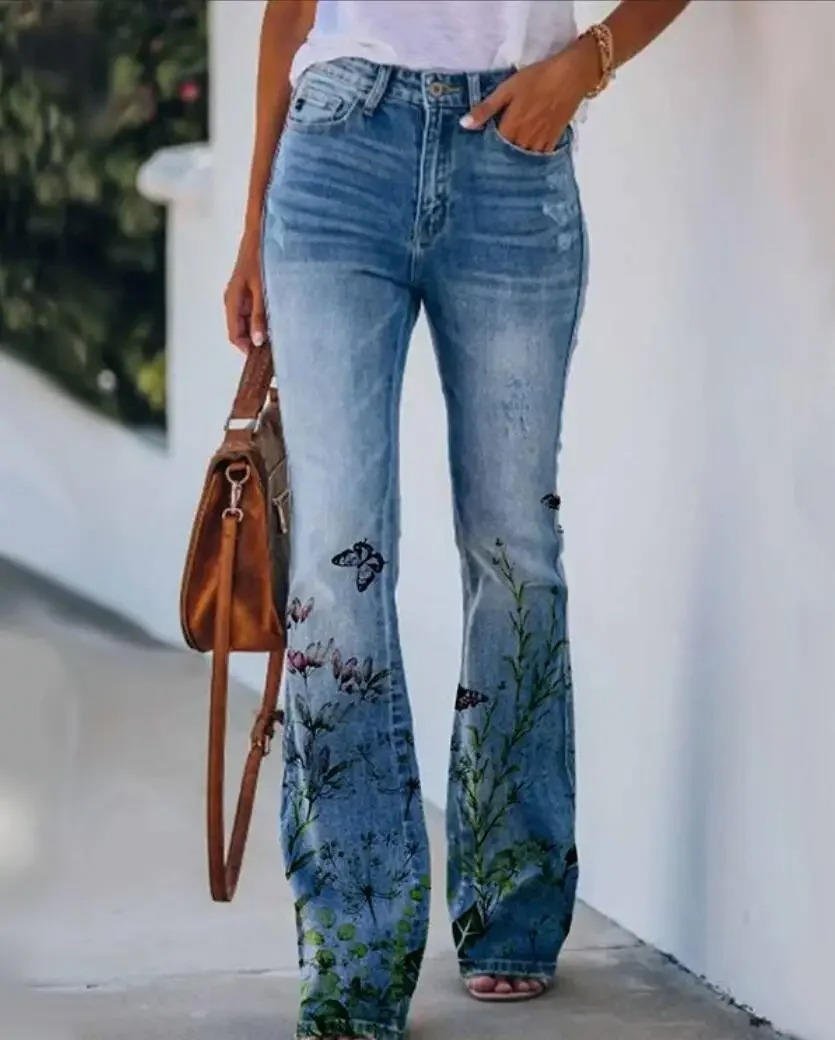Women's High-Waist Botanical Floral Flare Jeans - Blue 1