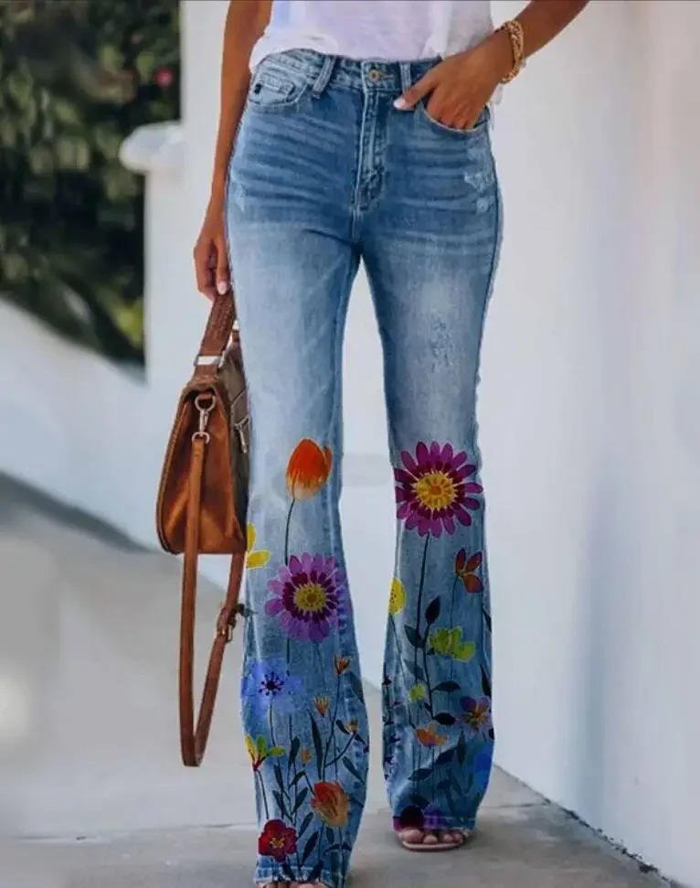 Women's High-Waist Botanical Floral Flare Jeans - Blue 2