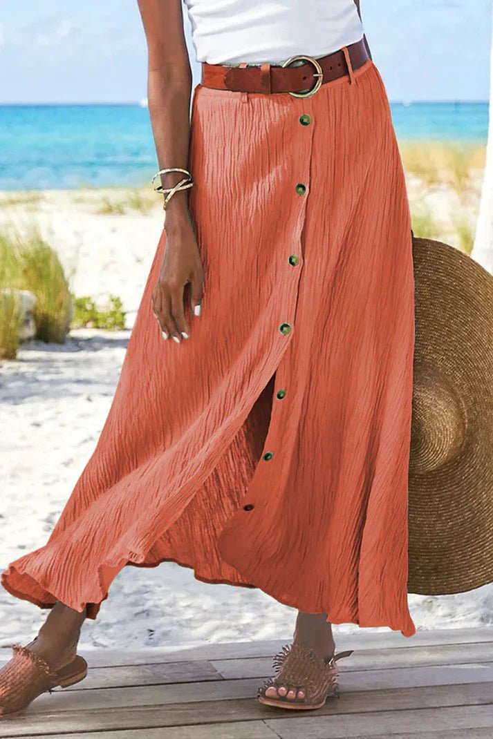 Women's High-Waist Button-Front Maxi Skirt - Mandarin red