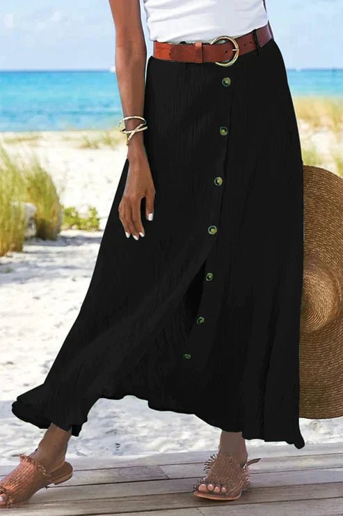 Women's High-Waist Button-Front Maxi Skirt - Black