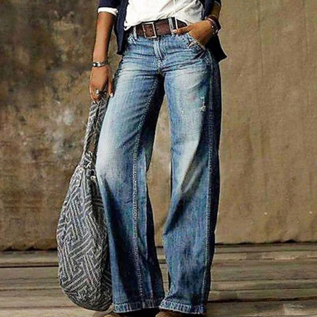 Women's High-Waist Faded Denim Wide-Leg Jeans - Light Blue