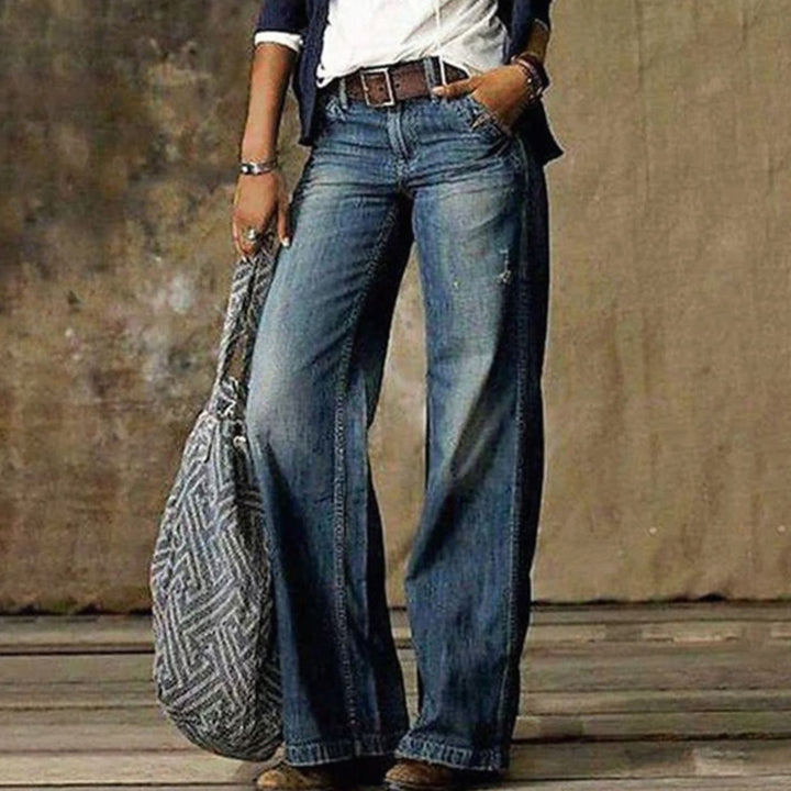 Women's High-Waist Faded Denim Wide-Leg Jeans - Blue