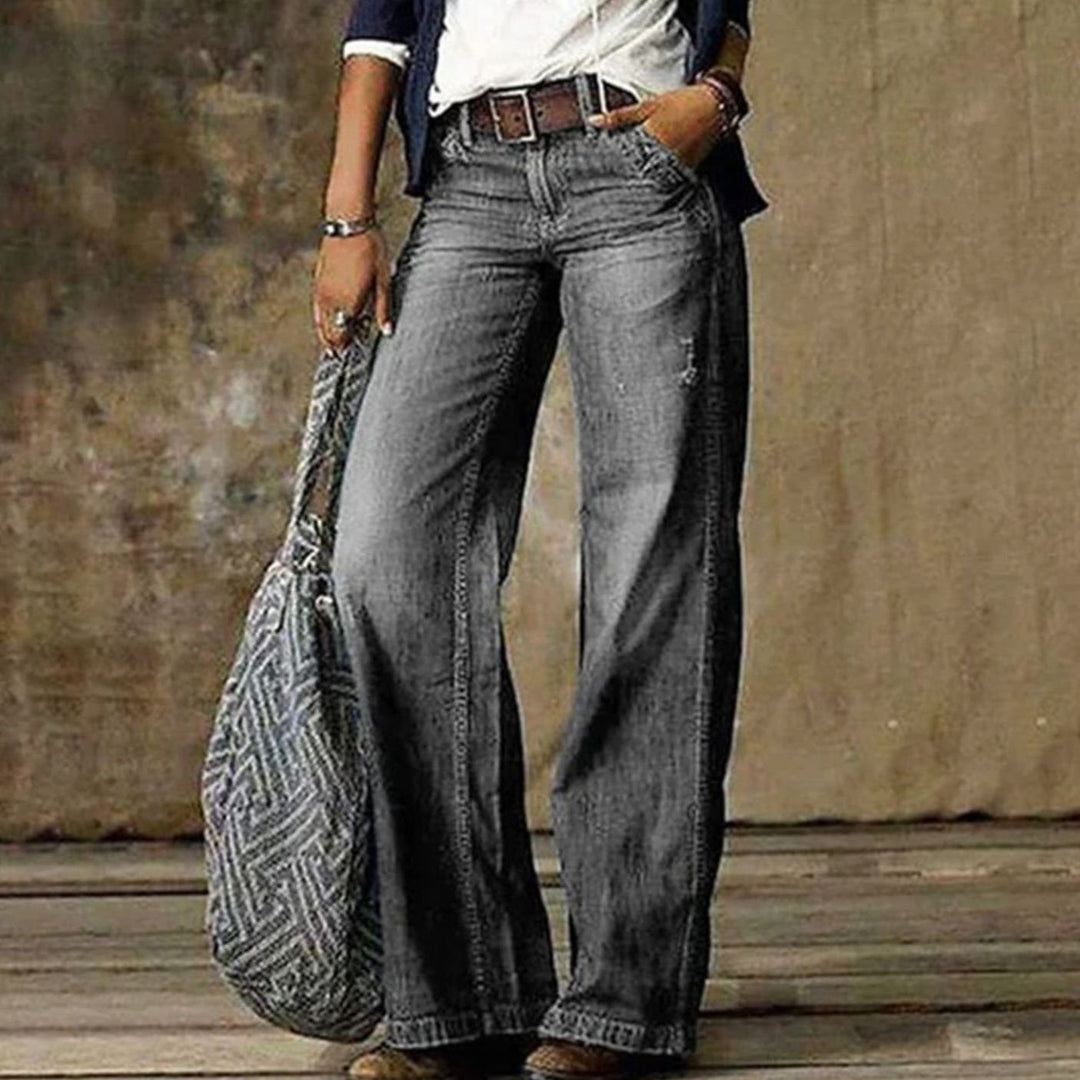 Women's High-Waist Faded Denim Wide-Leg Jeans - Light Grey