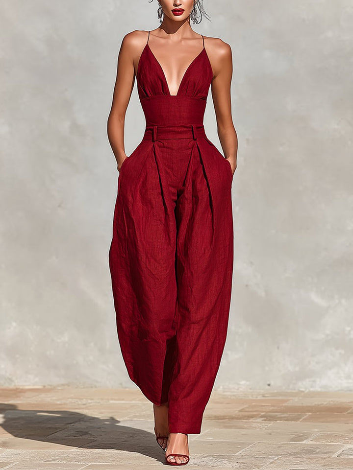 Women's High-Waist Linen Wide-Leg Spaghetti Strap Jumpsuit - Red