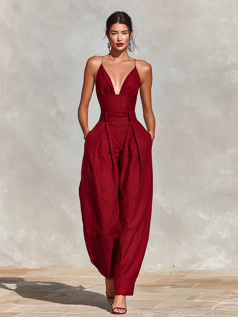 Women's High-Waist Linen Wide-Leg Spaghetti Strap Jumpsuit