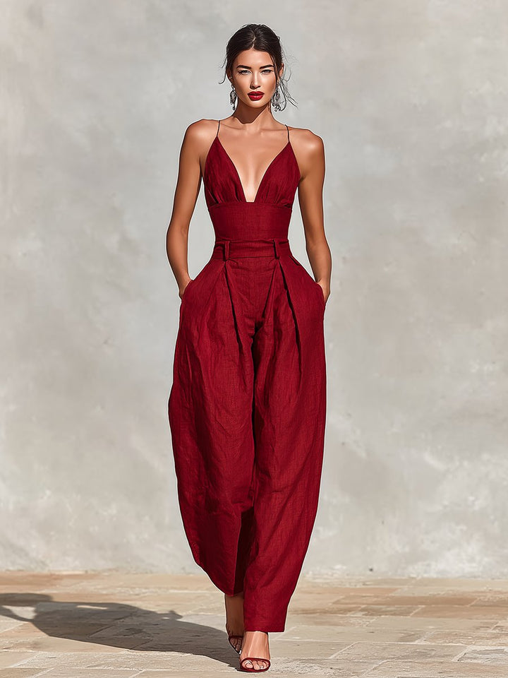 Women's High-Waist Linen Wide-Leg Spaghetti Strap Jumpsuit