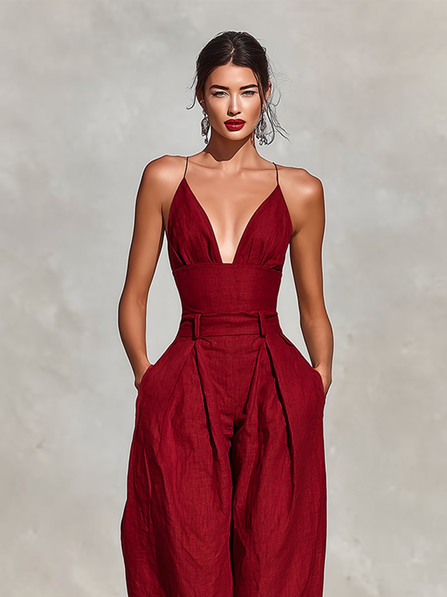 Women's High-Waist Linen Wide-Leg Spaghetti Strap Jumpsuit