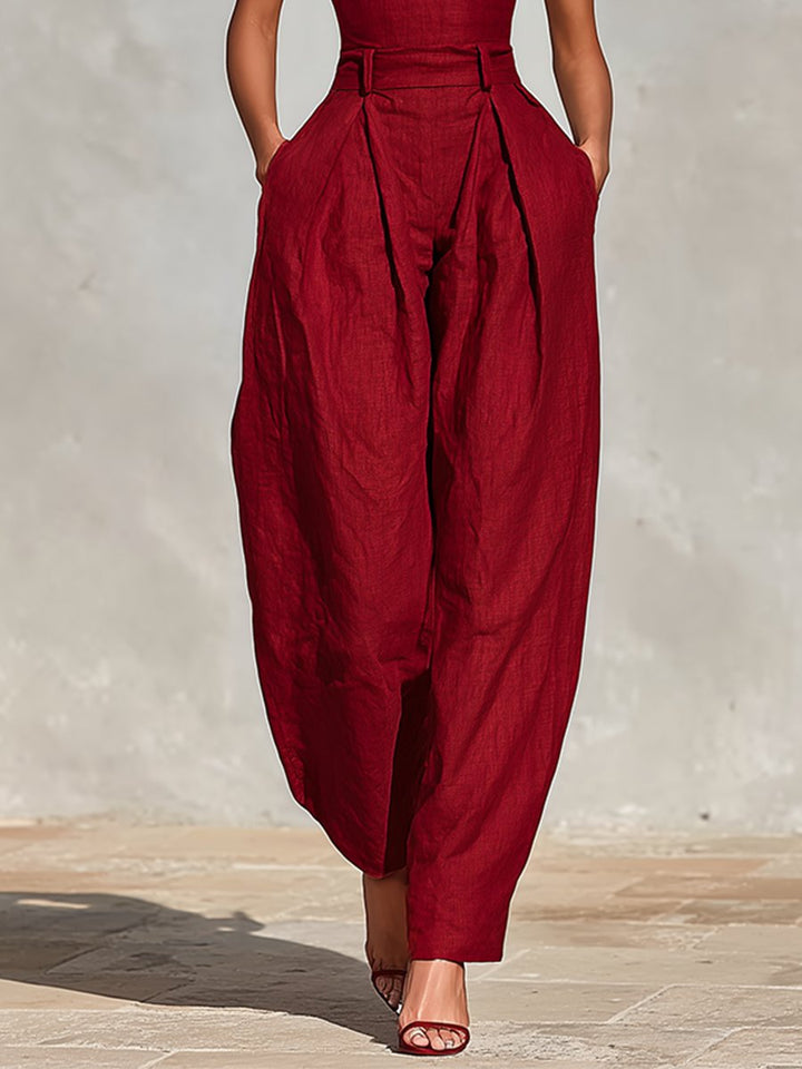 Women's High-Waist Linen Wide-Leg Spaghetti Strap Jumpsuit