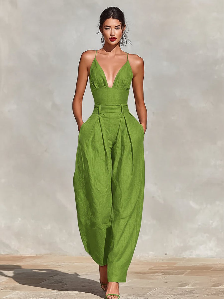 Women's High-Waist Linen Wide-Leg Spaghetti Strap Jumpsuit - Green