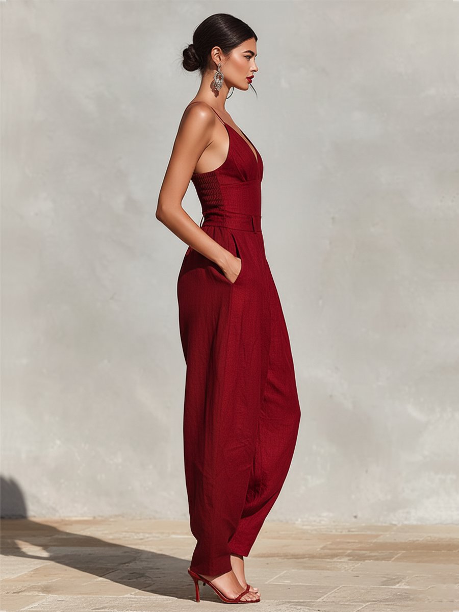 Women's High-Waist Linen Wide-Leg Spaghetti Strap Jumpsuit