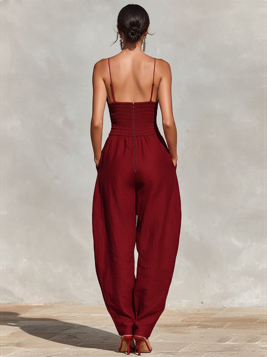 Women's High-Waist Linen Wide-Leg Spaghetti Strap Jumpsuit
