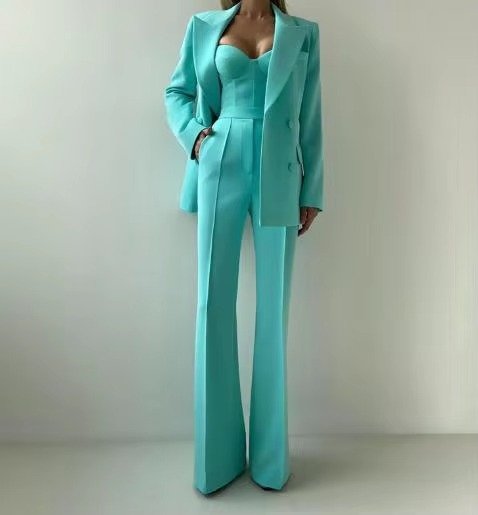 Women's High-Waist Single-Button Three-Piece Blazer Set - Green