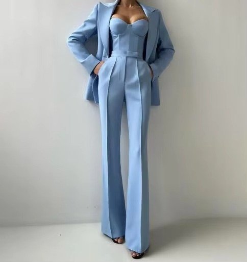 Women's High-Waist Single-Button Three-Piece Blazer Set - Blue