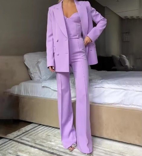 Women's High-Waist Single-Button Three-Piece Blazer Set - Purple