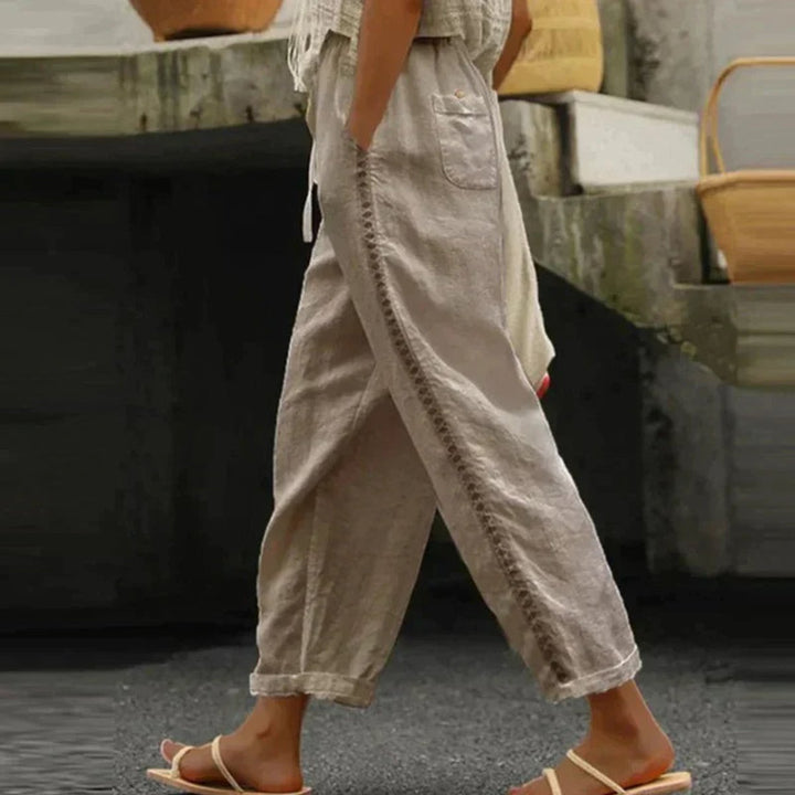 Women's High-Waist Tapered Linen-Look Button-Detail Trousers - Khaki