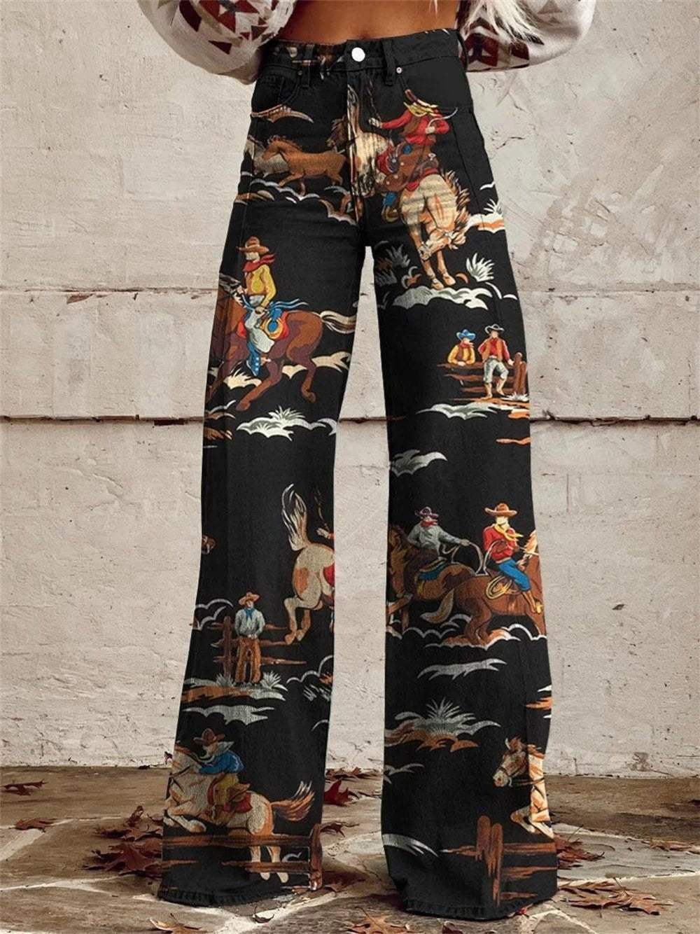 Women's High-Waist Western Print Wide-Leg Denim Trousers - Black