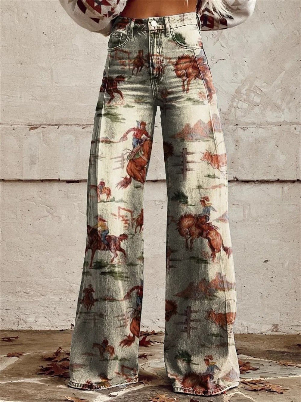 Women's High-Waist Western Print Wide-Leg Denim Trousers - Beige