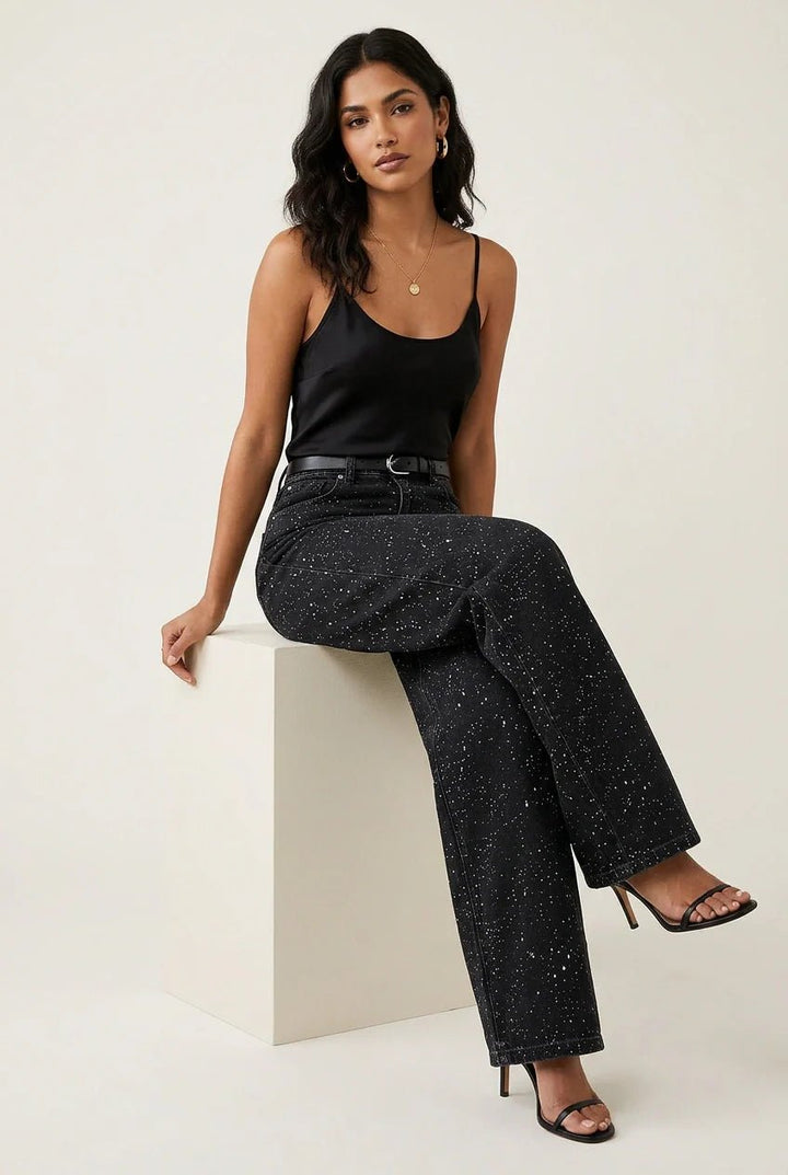 Women's High-Waist Wide-Leg Glitter Denim Jeans
