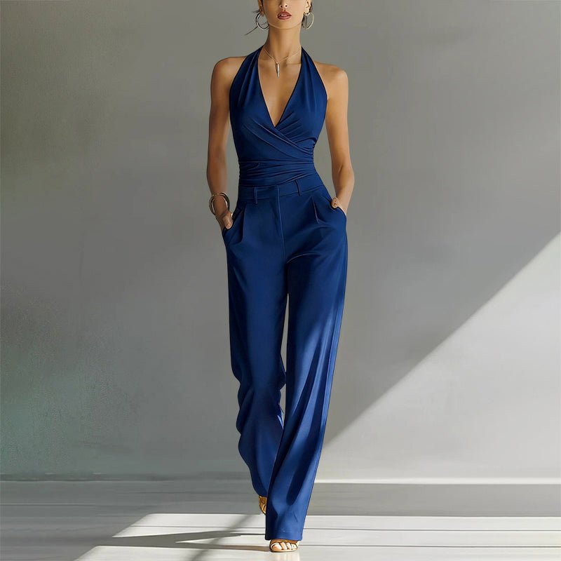 Women's High-Waist Wide-Leg Halter Jumpsuit - Blue