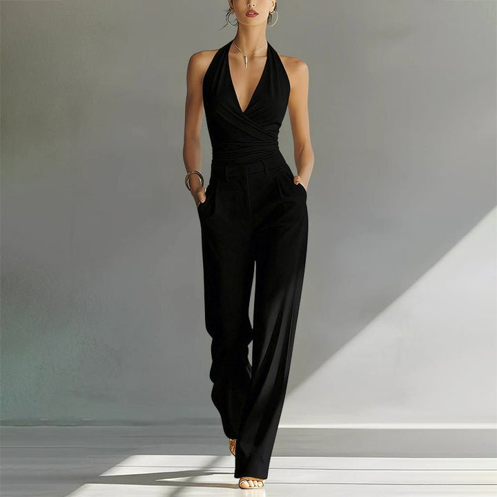 Women's High-Waist Wide-Leg Halter Jumpsuit - Black