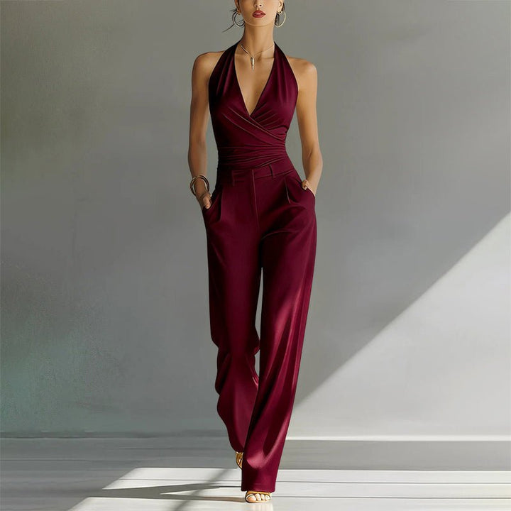 Women's High-Waist Wide-Leg Halter Jumpsuit - Red