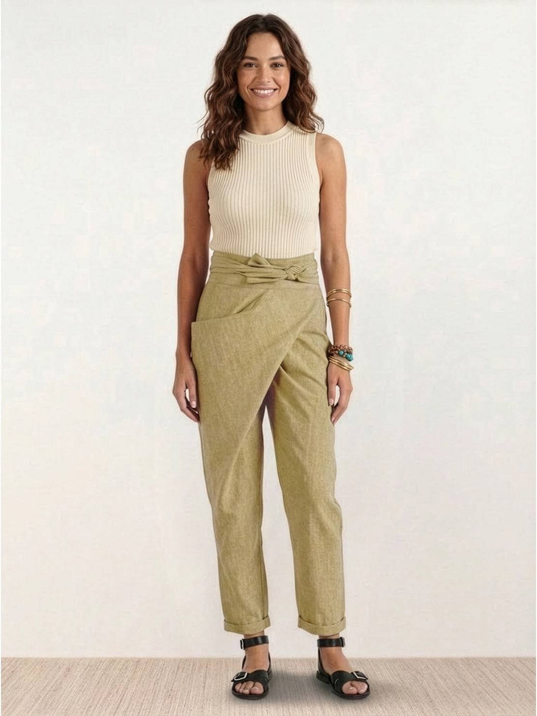 Women's High-Waist Wrap-Front Cropped Tapered Trousers