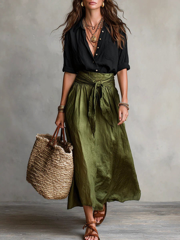 Women's High-Waisted Button-Up Two-Piece Set - Green