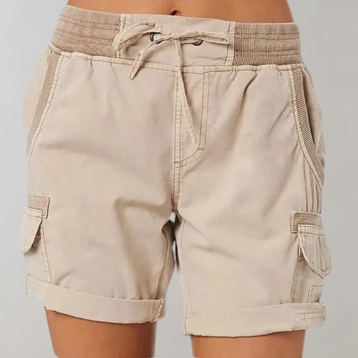 Women's High-Waisted Cargo Shorts with Drawstring - Beige