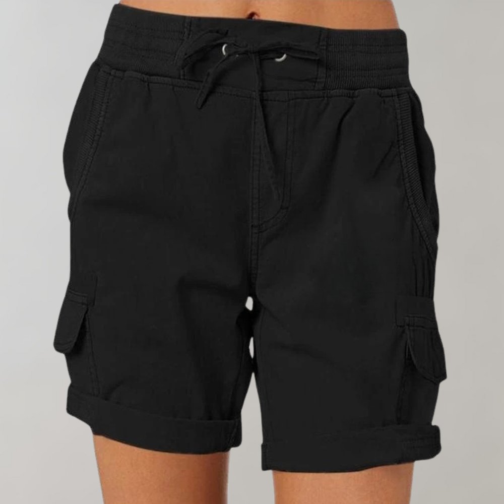 Women's High-Waisted Cargo Shorts with Drawstring - Zwart