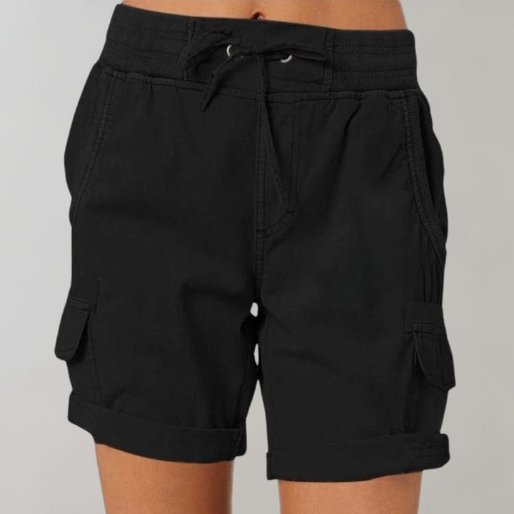 Women's High-Waisted Cargo Shorts with Drawstring - Zwart