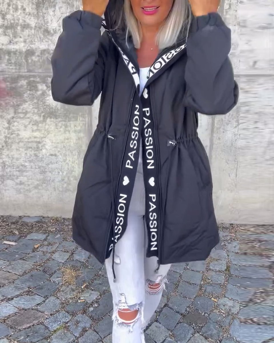 Women's Hooded Drawstring Relaxed-Fit Midi Coat - Black
