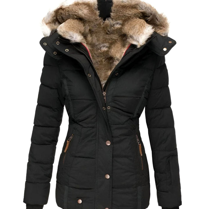 Women's Hooded Faux Fur Trim Quilted Puffer Jacket - Black