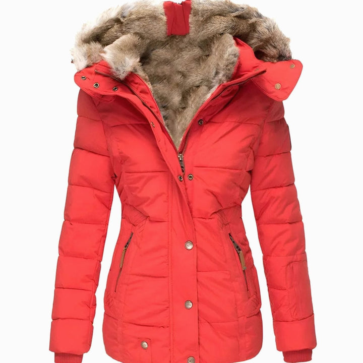 Women's Hooded Faux Fur Trim Quilted Puffer Jacket - Red