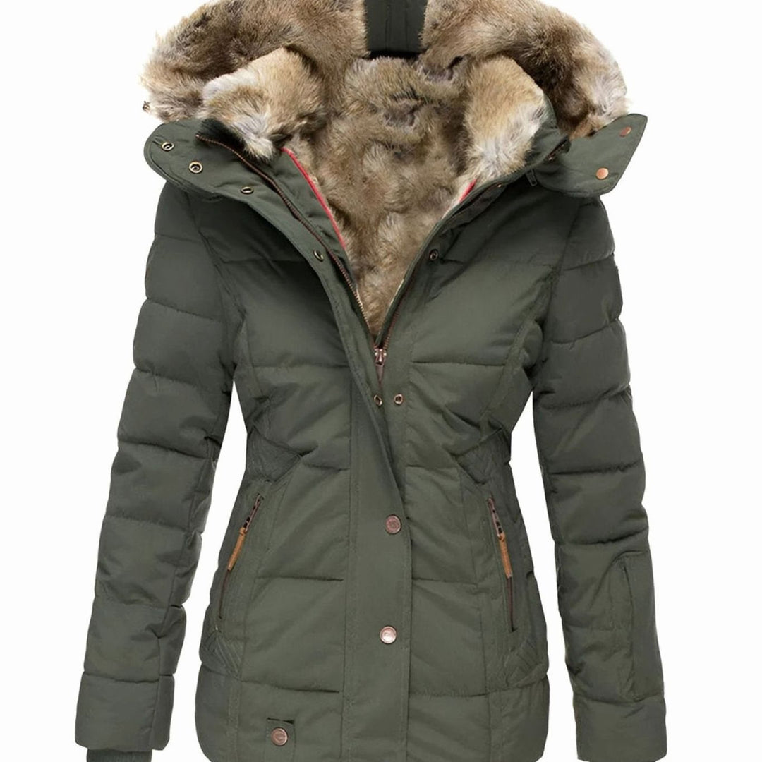 Women's Hooded Faux Fur Trim Quilted Puffer Jacket - Green
