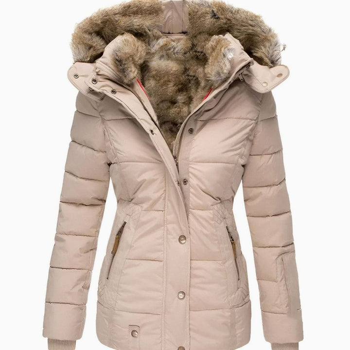 Women's Hooded Faux Fur Trim Quilted Puffer Jacket - Beige